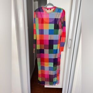 Colorful Checkered Long Sleeve mesh Dress S